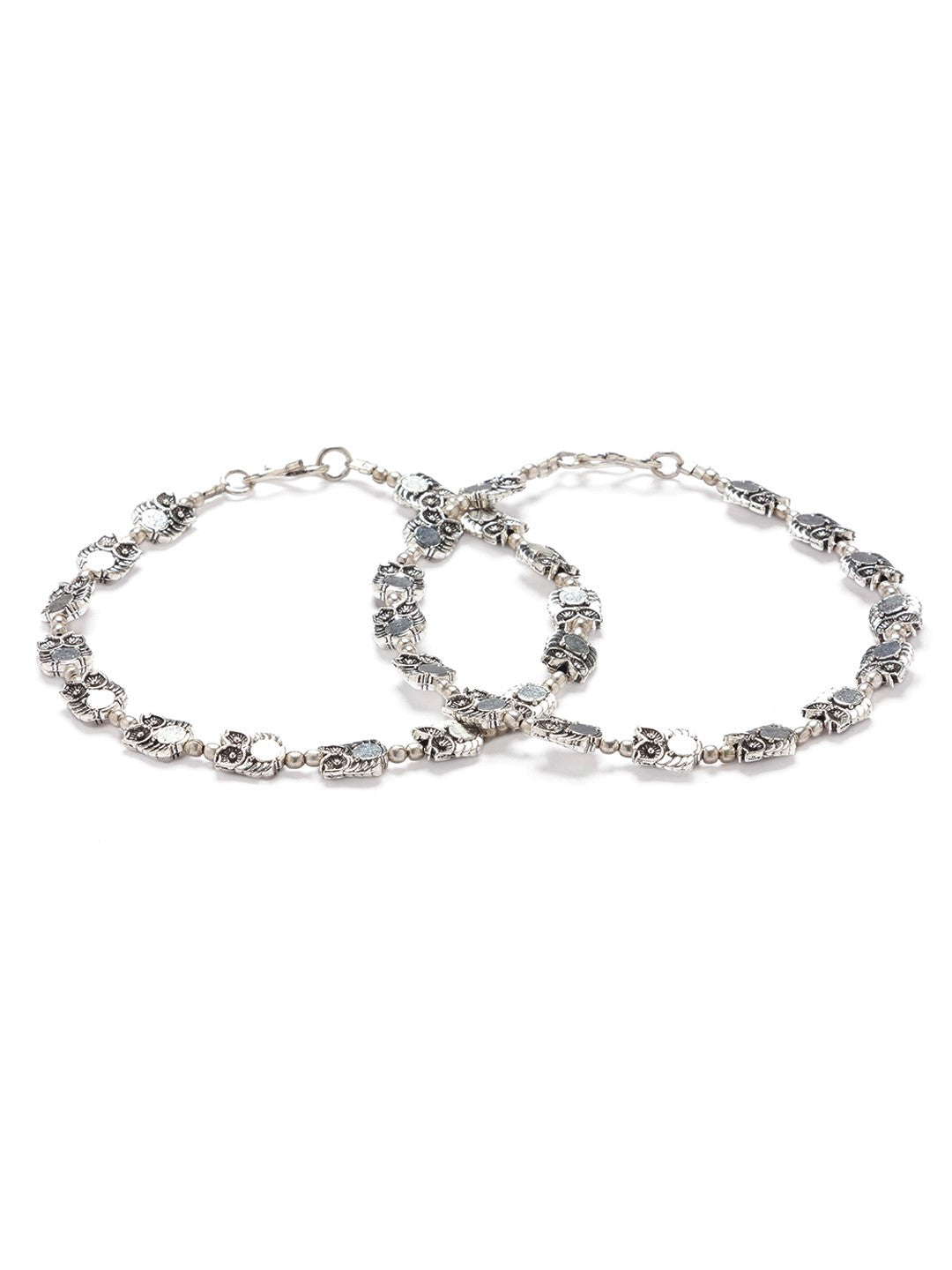 German Oxidised Silver Anklets Owl Engraved Payal with Silver Plating & Beads Design Foot Jewellery