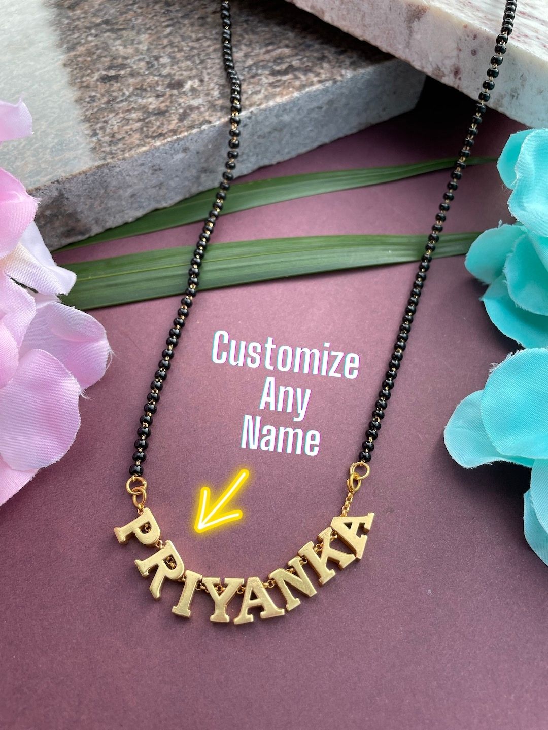Gold Name Mangalsutra With Traditional Black Beads Chain Short