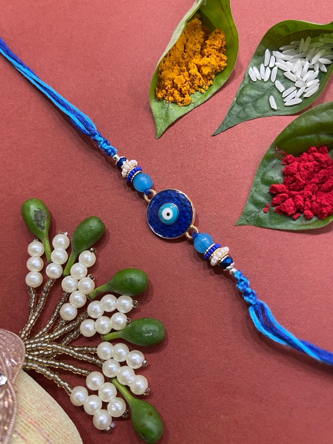 Beautiful Designer Rakhi Dark Blue Eye Evil With Beads Multicolor Thread Rakhi For Brother
