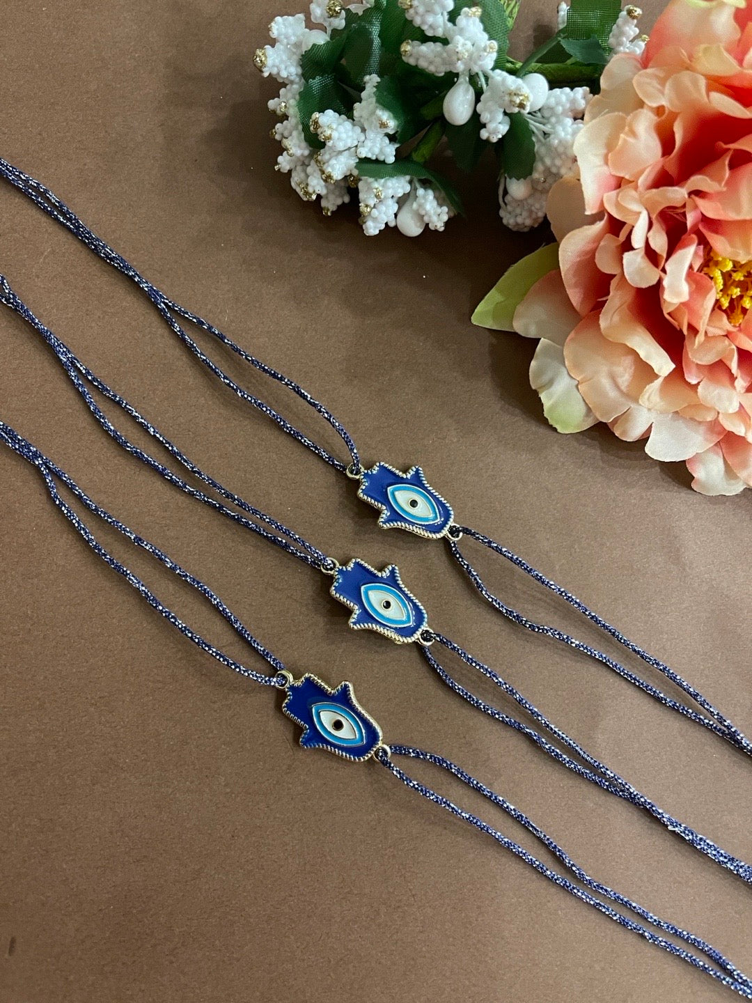 (Rakhi Set of 3) Designer Rakhi Blue Evil Eye Hamsa Beautiful Thread Rakhi For Raksha Bandhan