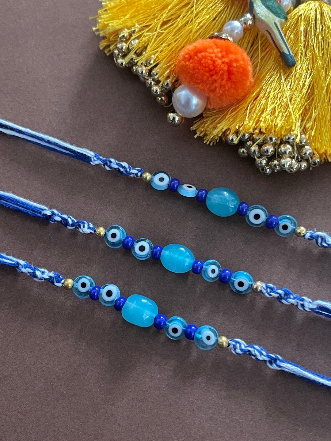 Combo of 3 Blue/multicolour Evil Eye Beads Silver Rakhi Bracelet