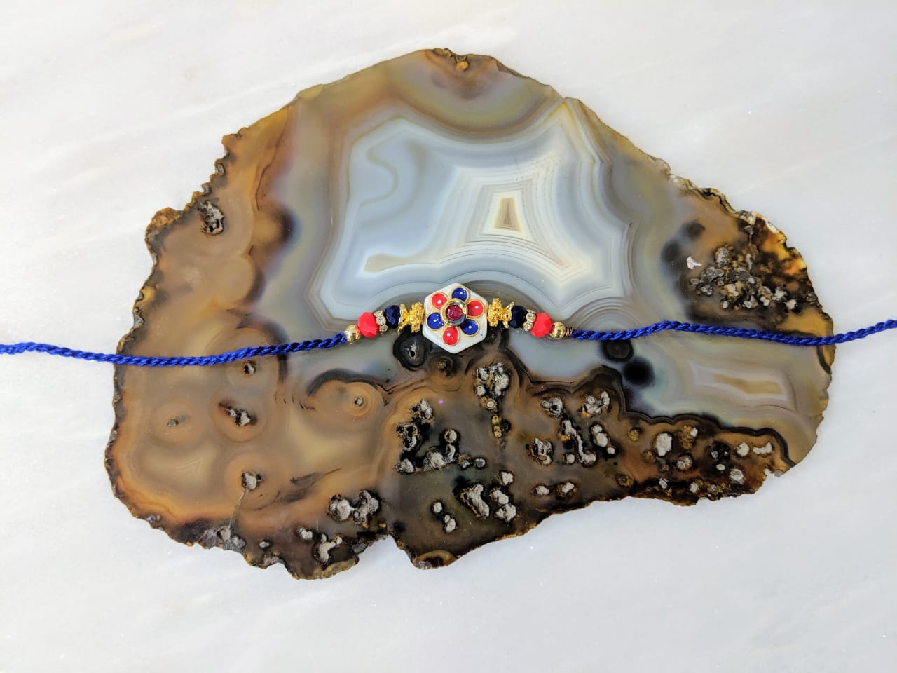 Digital Dress Room Kundan Rakhi with White Flower Multi Color Designer Blue Thread Rakhi For Men