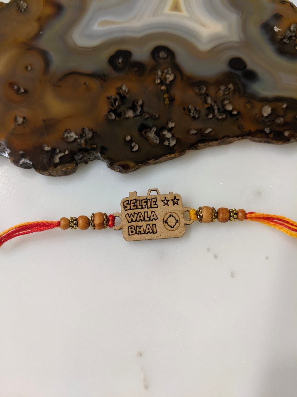 Digital Dress Room Wood Camera Designer Rakhi with Selfie Wala Bhai Slogan Beads Multicolor Thread Rakhi