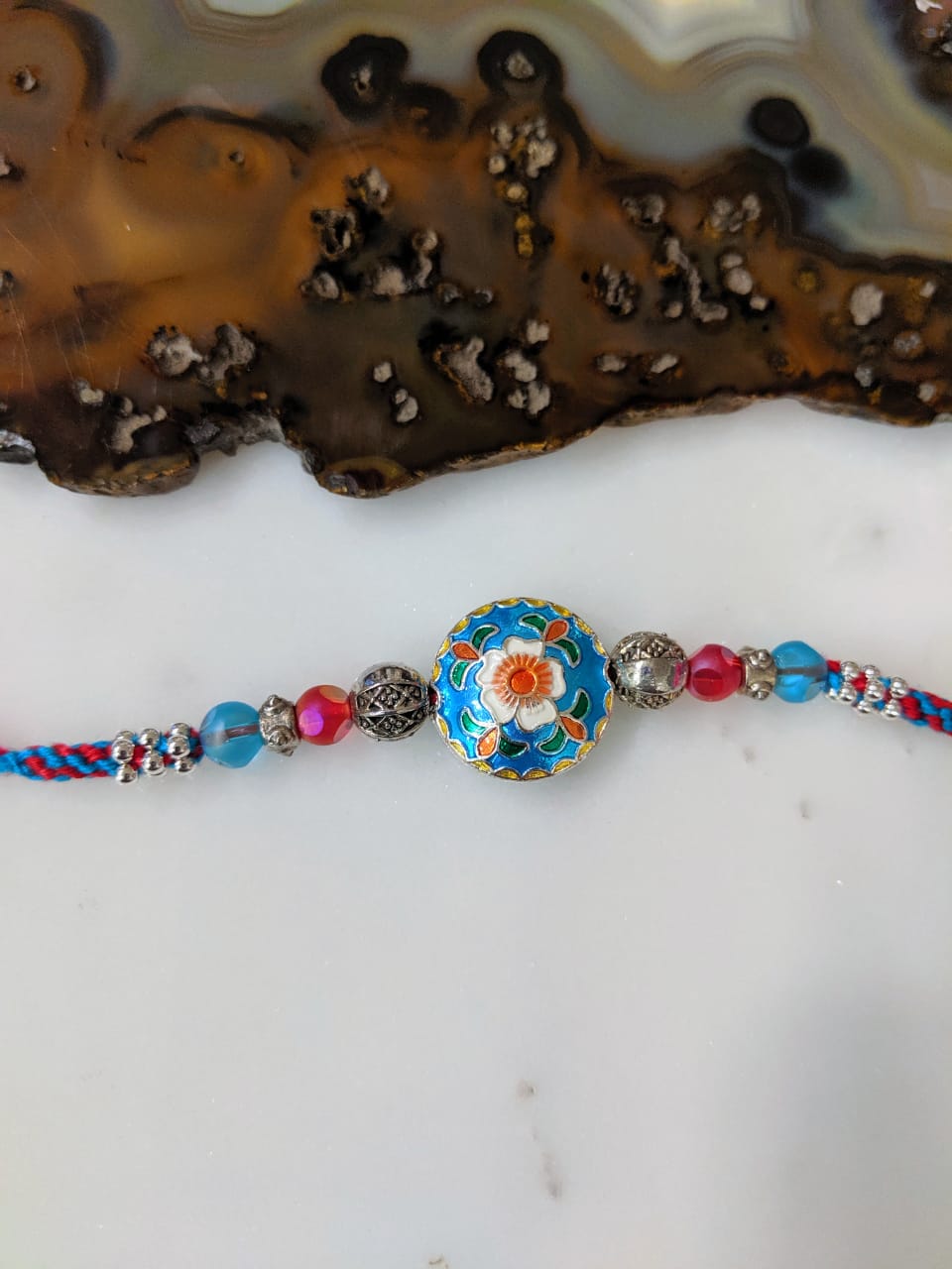 Digital Dress Room Enamel Work Designer Rakhi Silver Flower Multicolor Beads Thread Rakhi for Men