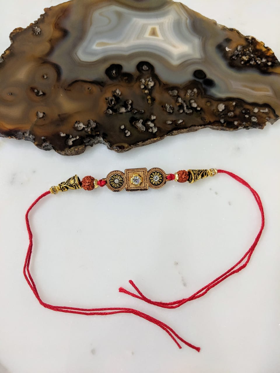 Digital Dress Room Wood Pendant Rakhi with Stone Rudraksh Gold Beads Multicolor Thread Rakhi for Men
