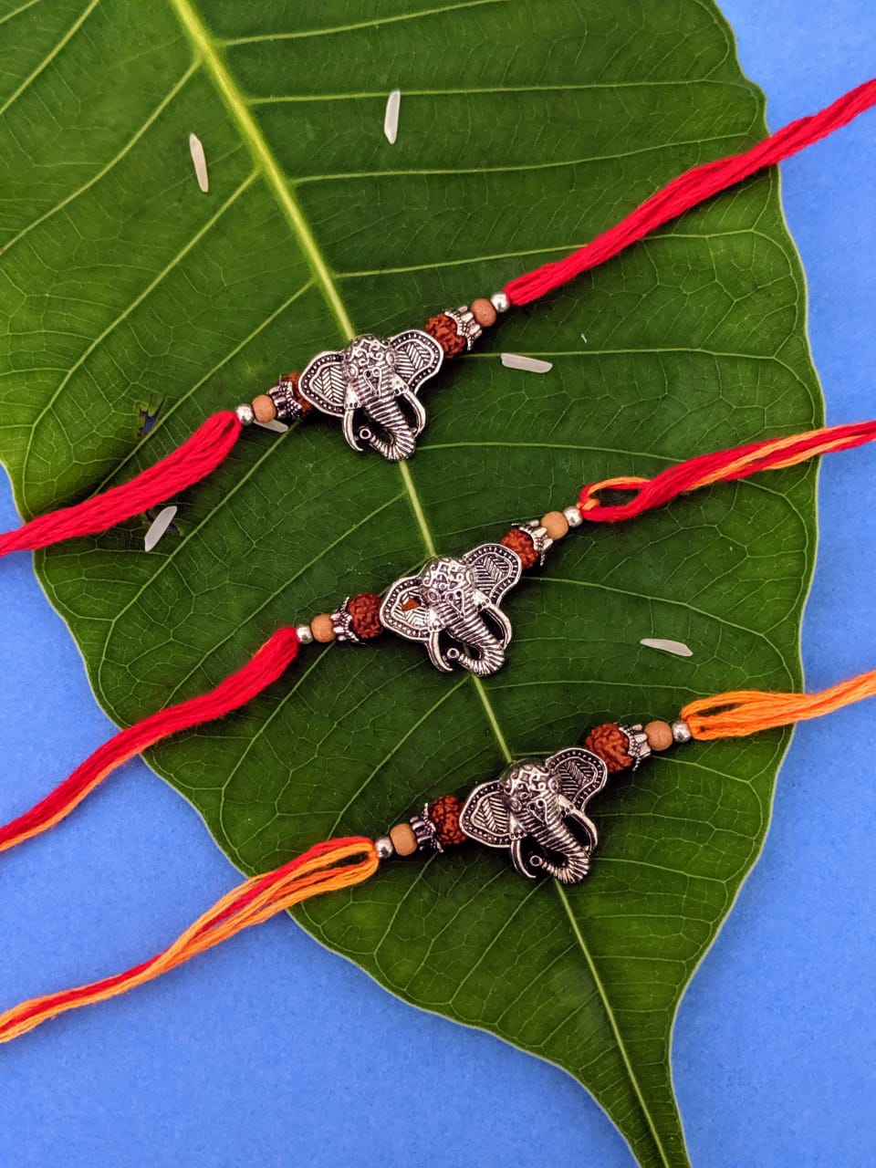 Digital Dress Room (Set of 3) Designer Rakhi with Silver Plated Ganpati Bappa Rudraksha Tulsi Beads Thread Rakhi