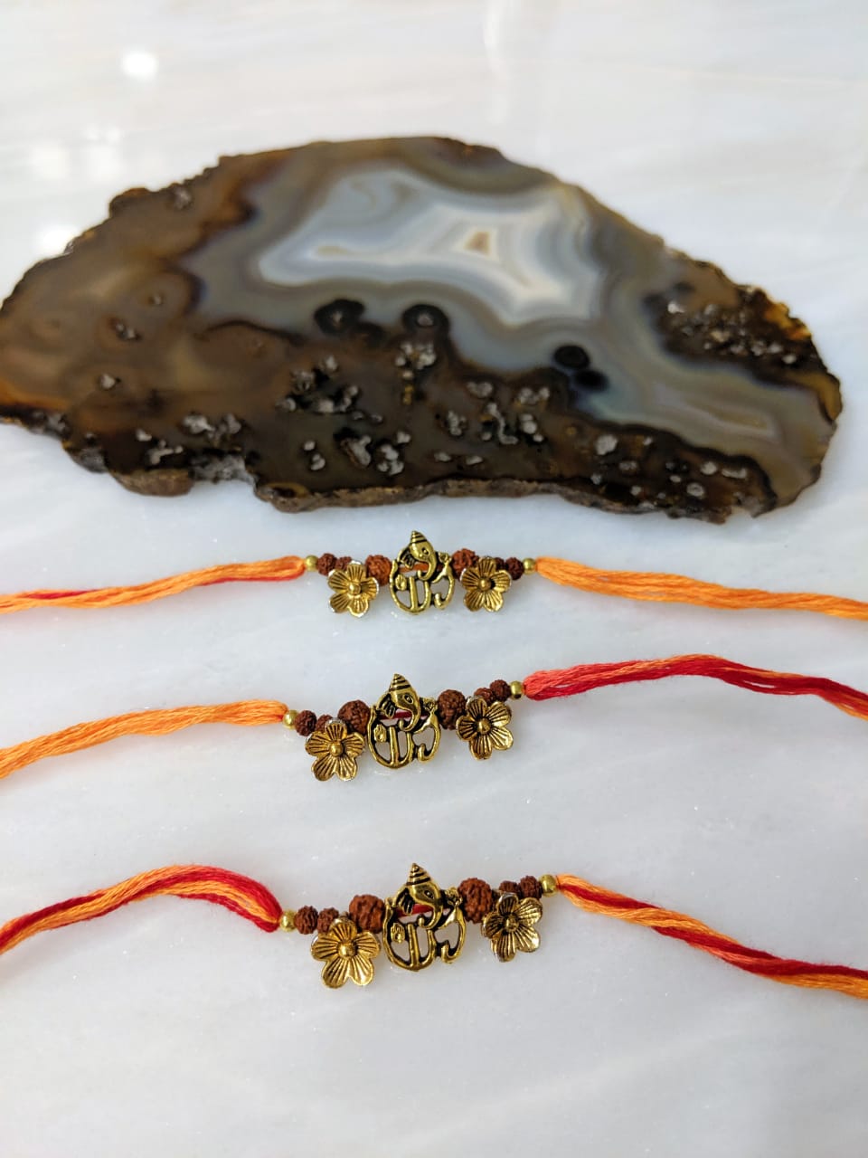 Digital Dress Room (Set of 3) Ganesh Ji Rakhi for Men Gold Flower Rudraksha Beads Rakhi
