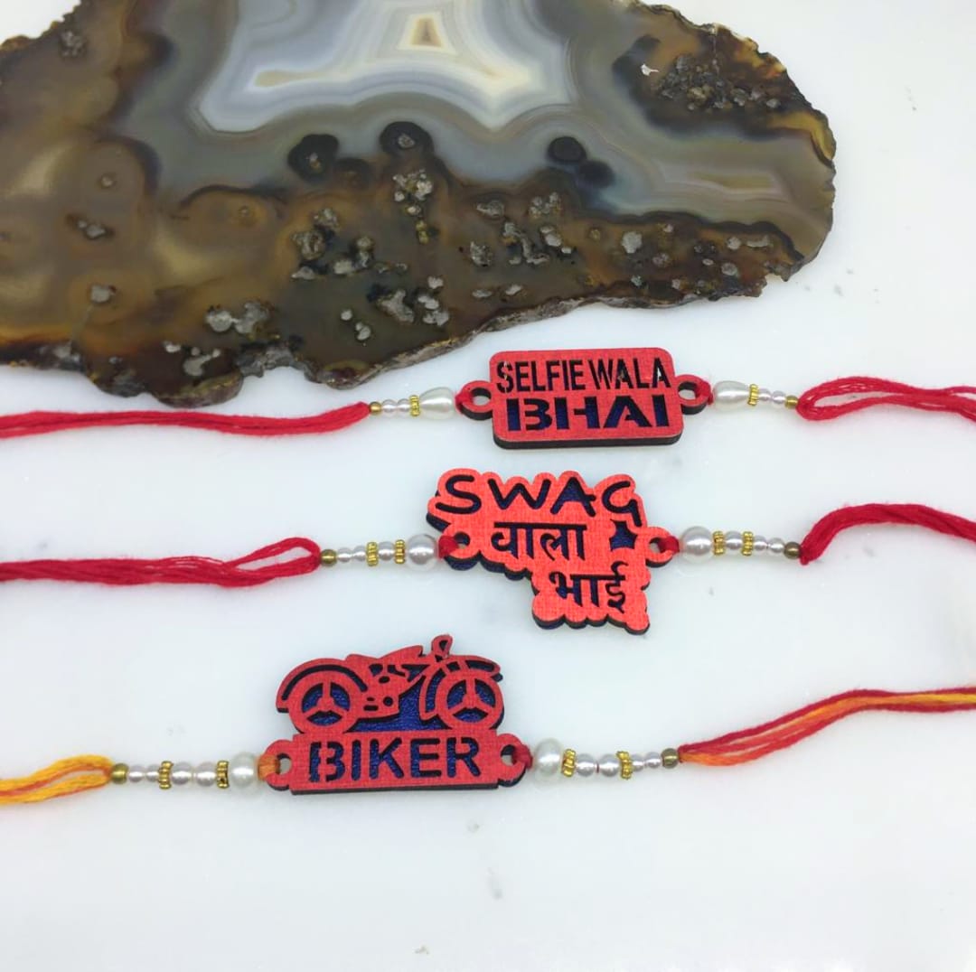 Digital Dress Room 3 Set of Rakhi with Swag Wala Bhai/ Biker/ Selfie Wala Bhai Slogan White Pearls Red Thread Rakhi For Men