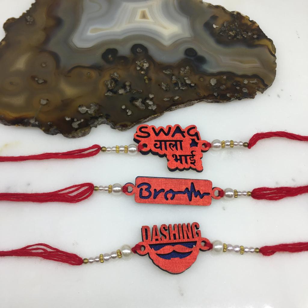 Digital Dress Room 3 Set of Rakhi with Dashing/ Brother / Swag Wala Bhai Slogan White Pearls Red Thread Rakhi