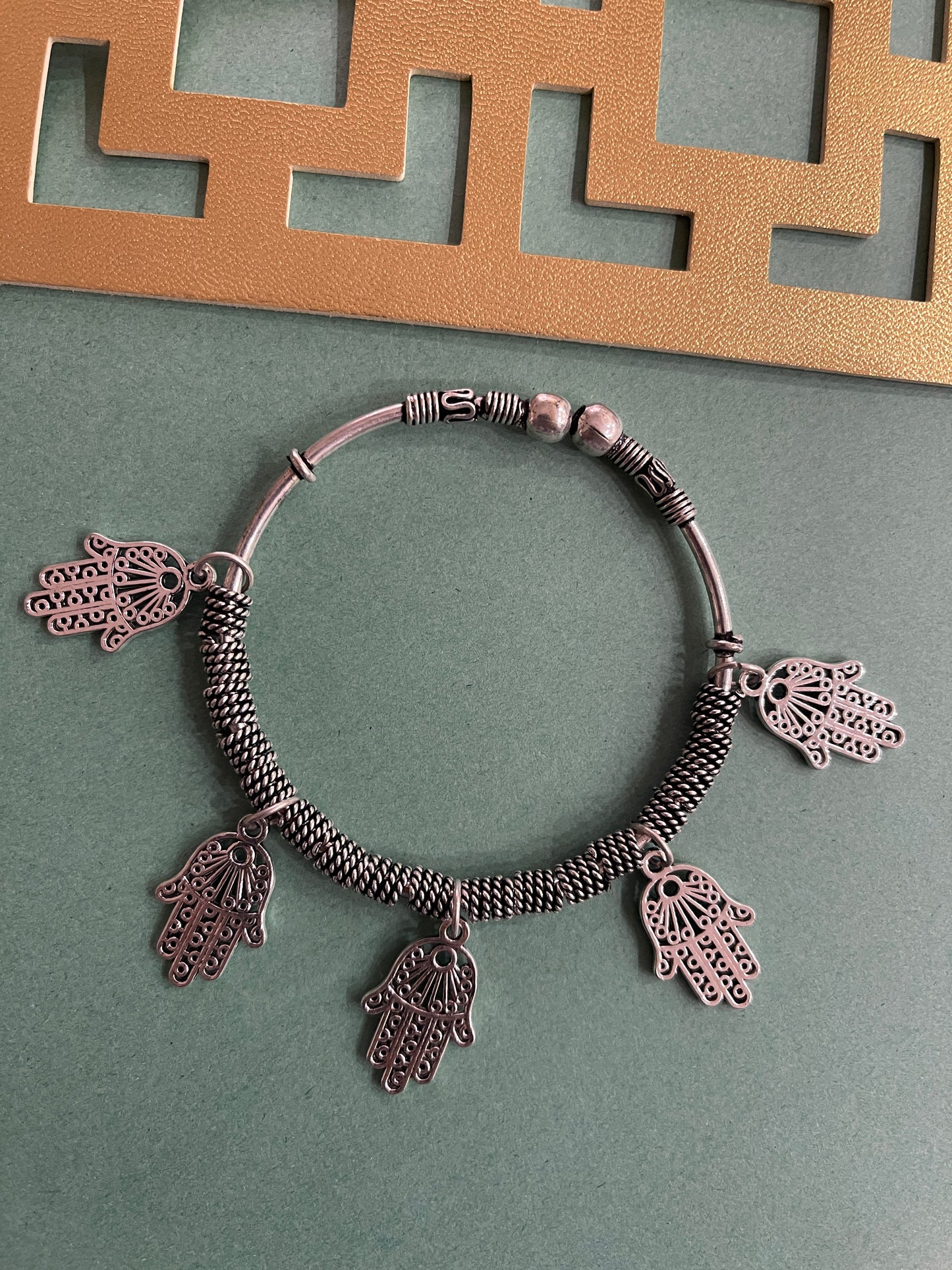 Silver Hamsa Charm Bangle