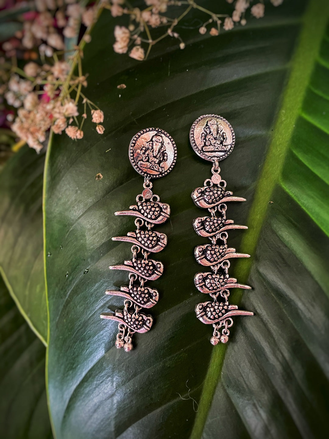 German Oxidized Silver Earrings Tribal Trendy Ganesha/Birds Engraved Lightweight Danglers