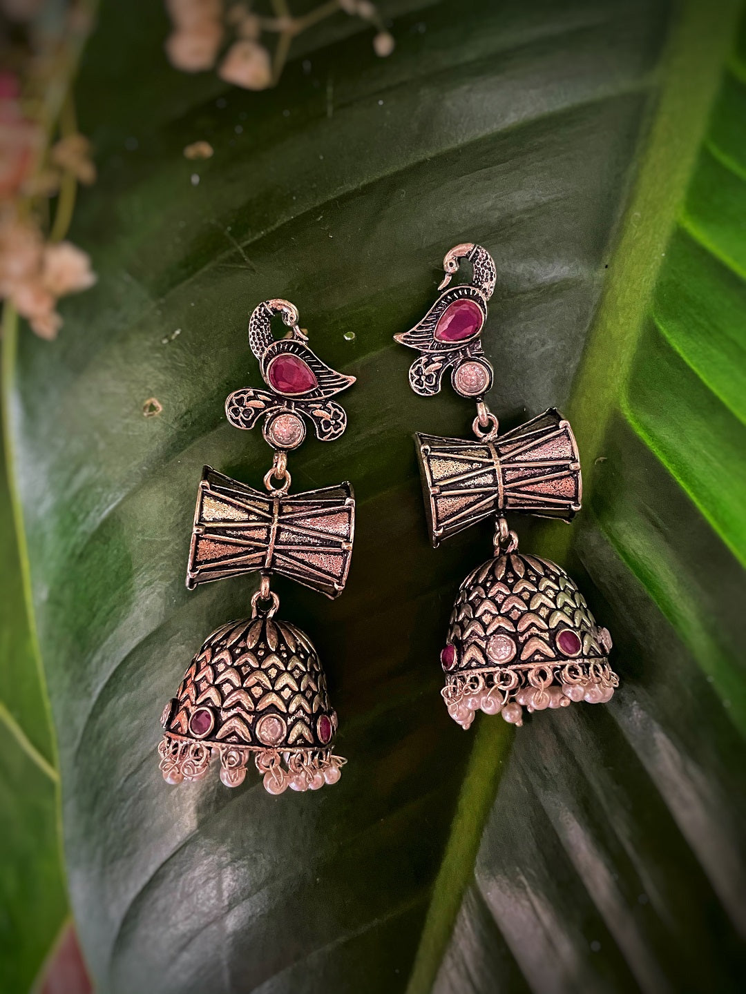 German Oxidized Silver Earrings Antique Tribal Peacock/Damru Engraved Lightweight Dangler Jhumka