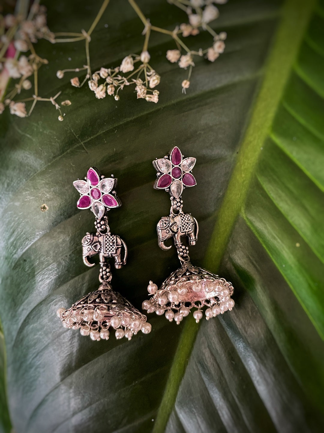 German Oxidized Silver Earrings Flower/Elephant Engraved Design Stones Studded Dangler Pearl Jhumka