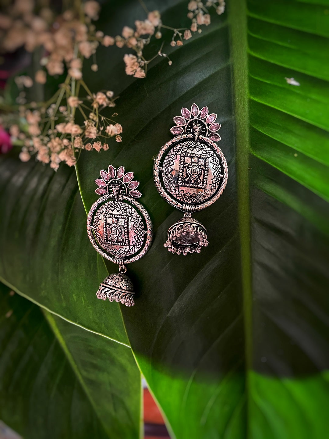German Oxidized Silver Earrings Tortoise Engraved Design Pink Stones Studded Dangler Jhumka