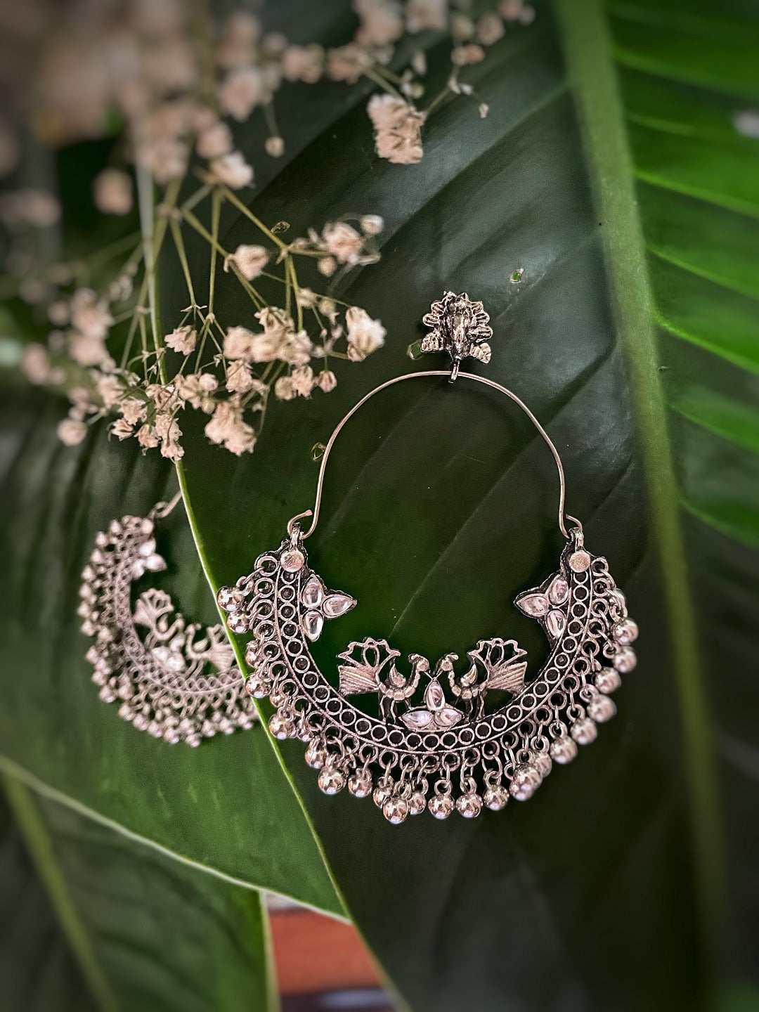 Antique German Silver Oxidized Earrings Peacock Engraved Design Stone Studded Gungroo Danglers