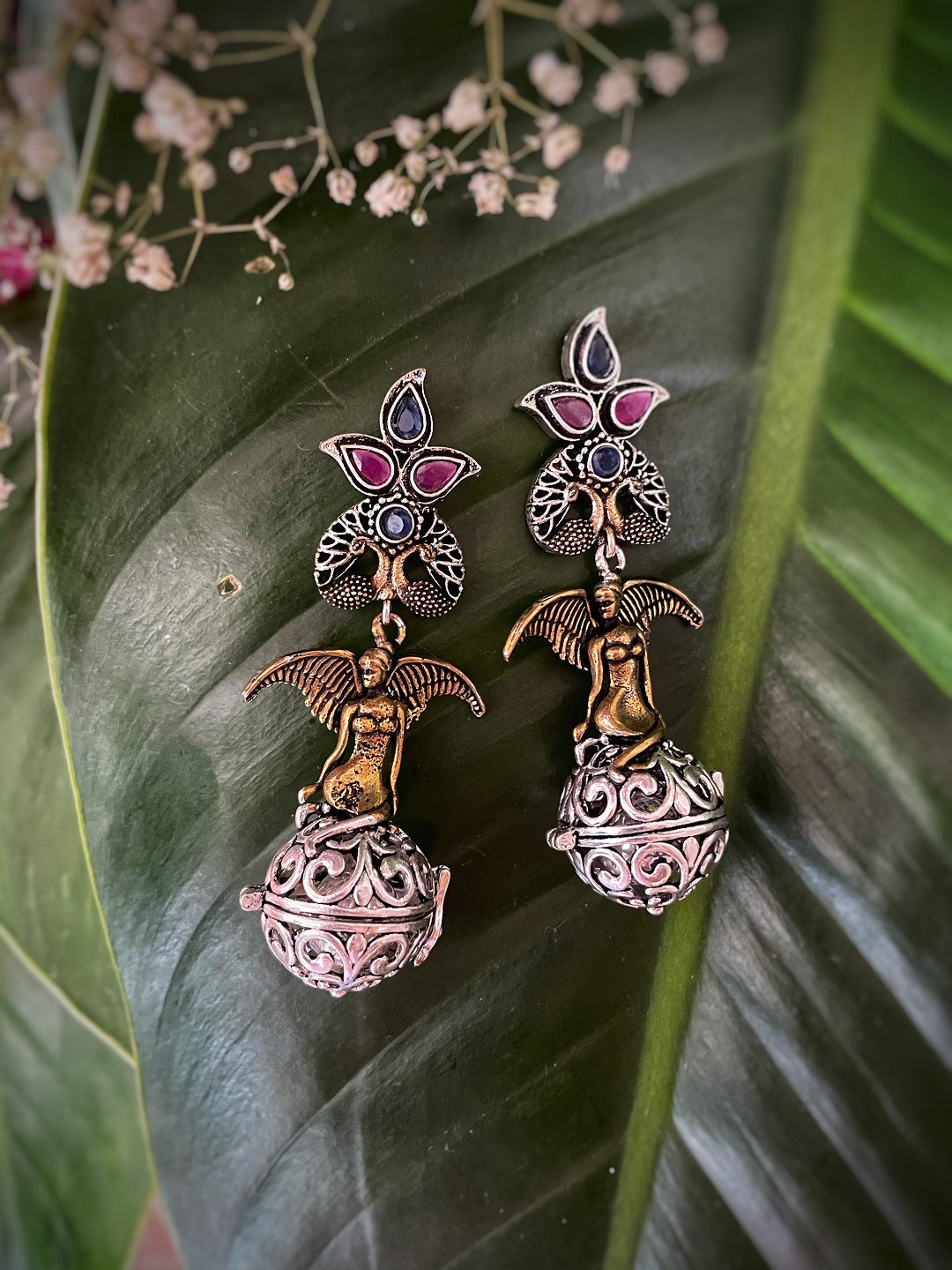 Antique German Silver Oxidized Earrings Fairy/Peacock Engraved Red/Blue Stone Studded Danglers
