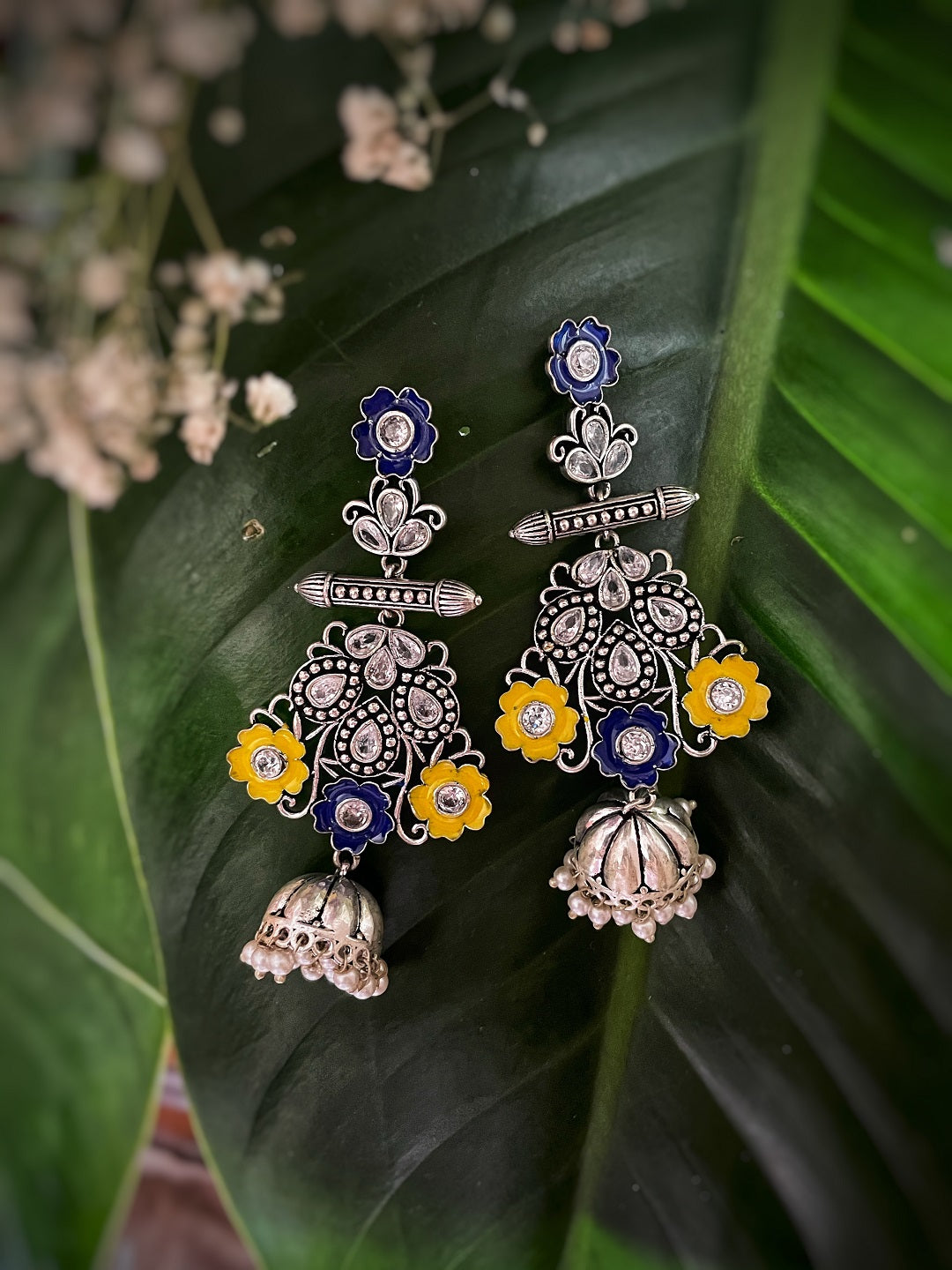 Antique German Silver Oxidized Earrings Floral Design Engraved Stone Studded Pearl Dangler Jhumka