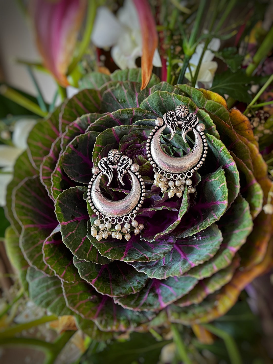 Antique German Silver Oxidized Earrings Chandbali Pearl Ghungroo Tribal Danglers