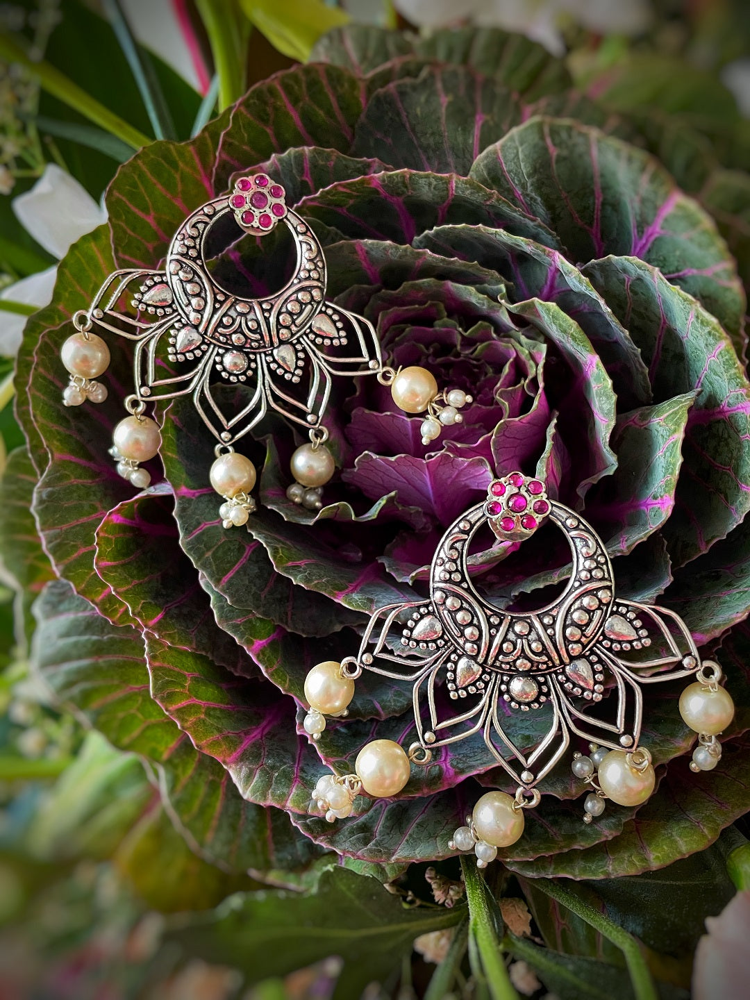 Antique German Silver Oxidized Earrings Flower Engraved Design Stone Studded Pearl/Beads Danglers
