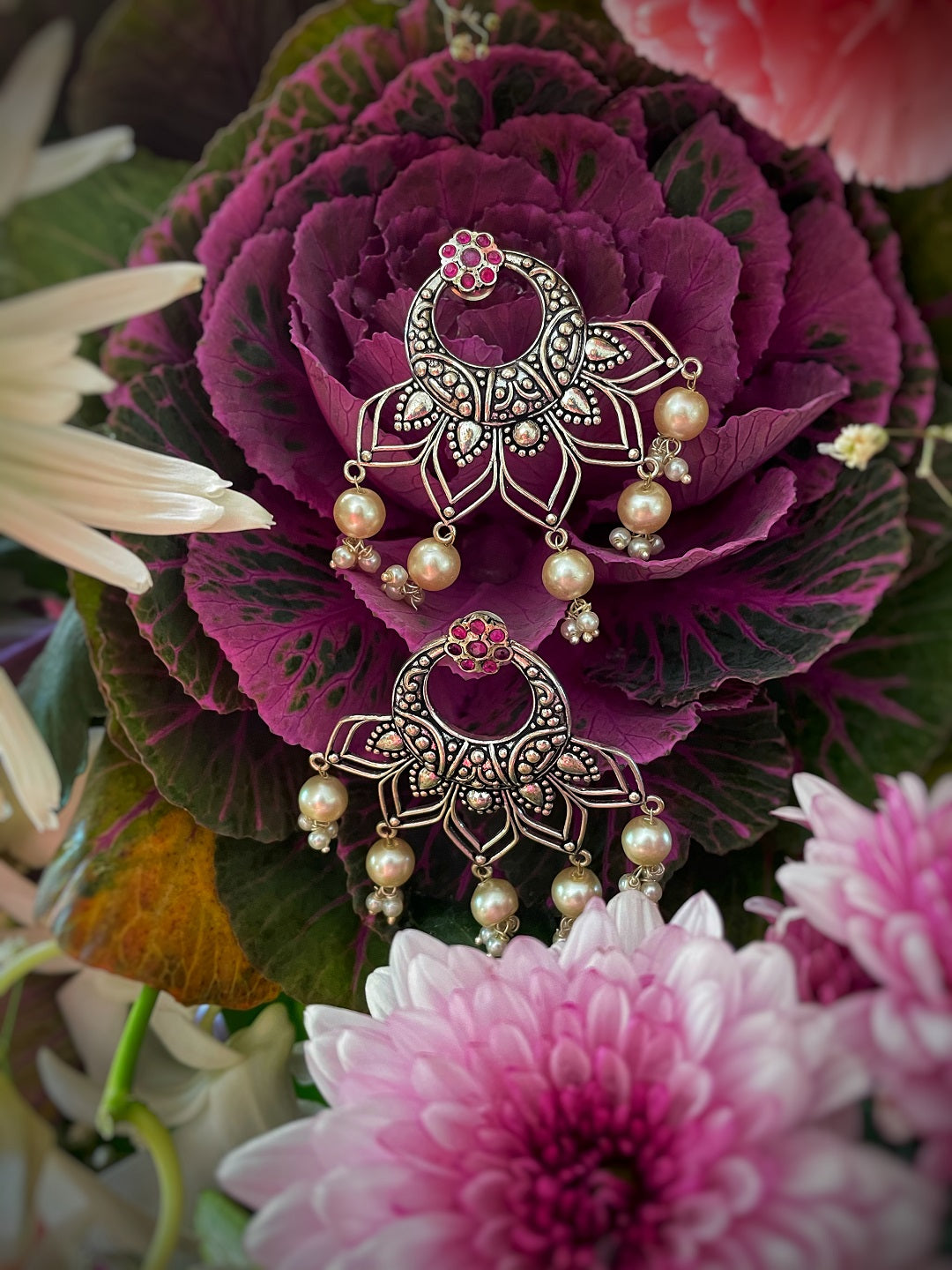Antique German Silver Oxidized Earrings Flower Engraved Design Stone Studded Pearl/Beads Danglers