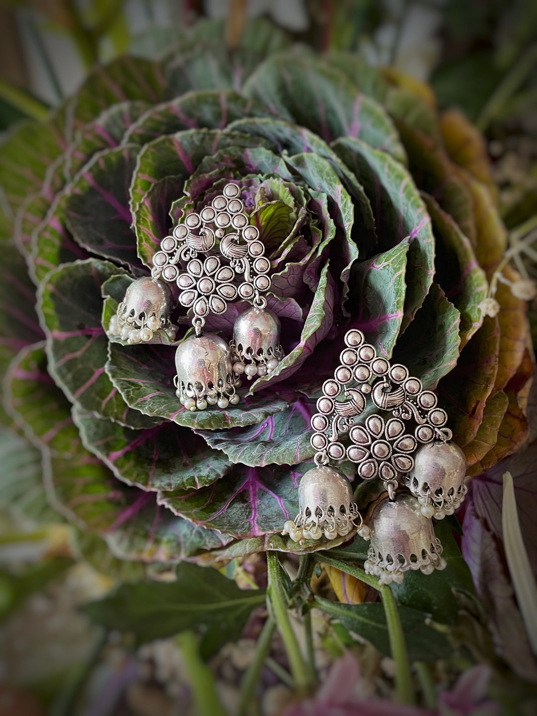 German Oxidized Silver Earrings Antique Tribal Trendy Peacock Floral Design Engraved Lightweight Pearl Gungroo Jhumka