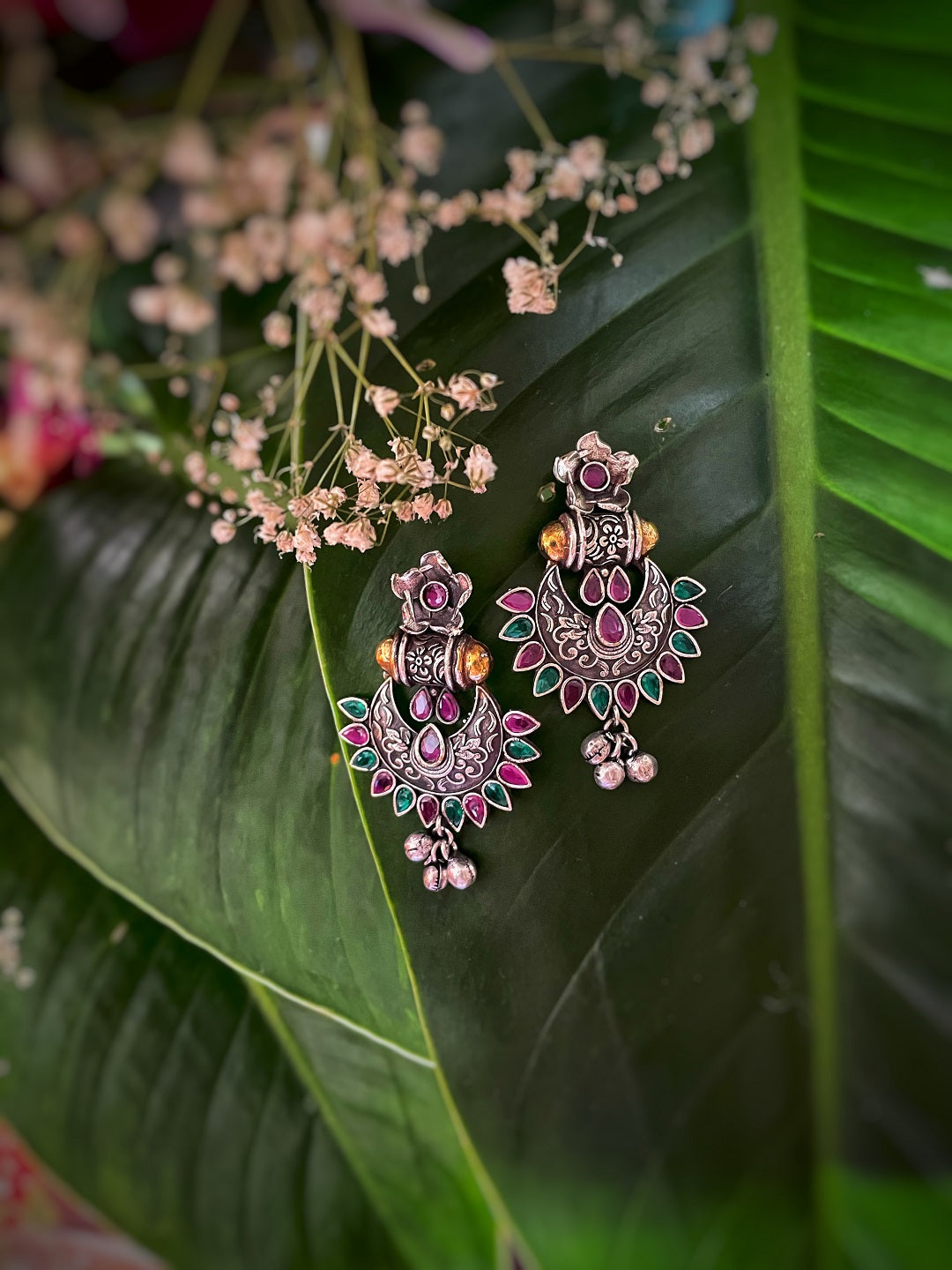 German Silver Oxidized Earrings Flower/Chandbali Design Multicolor Stones Studded Gungroo Danglers