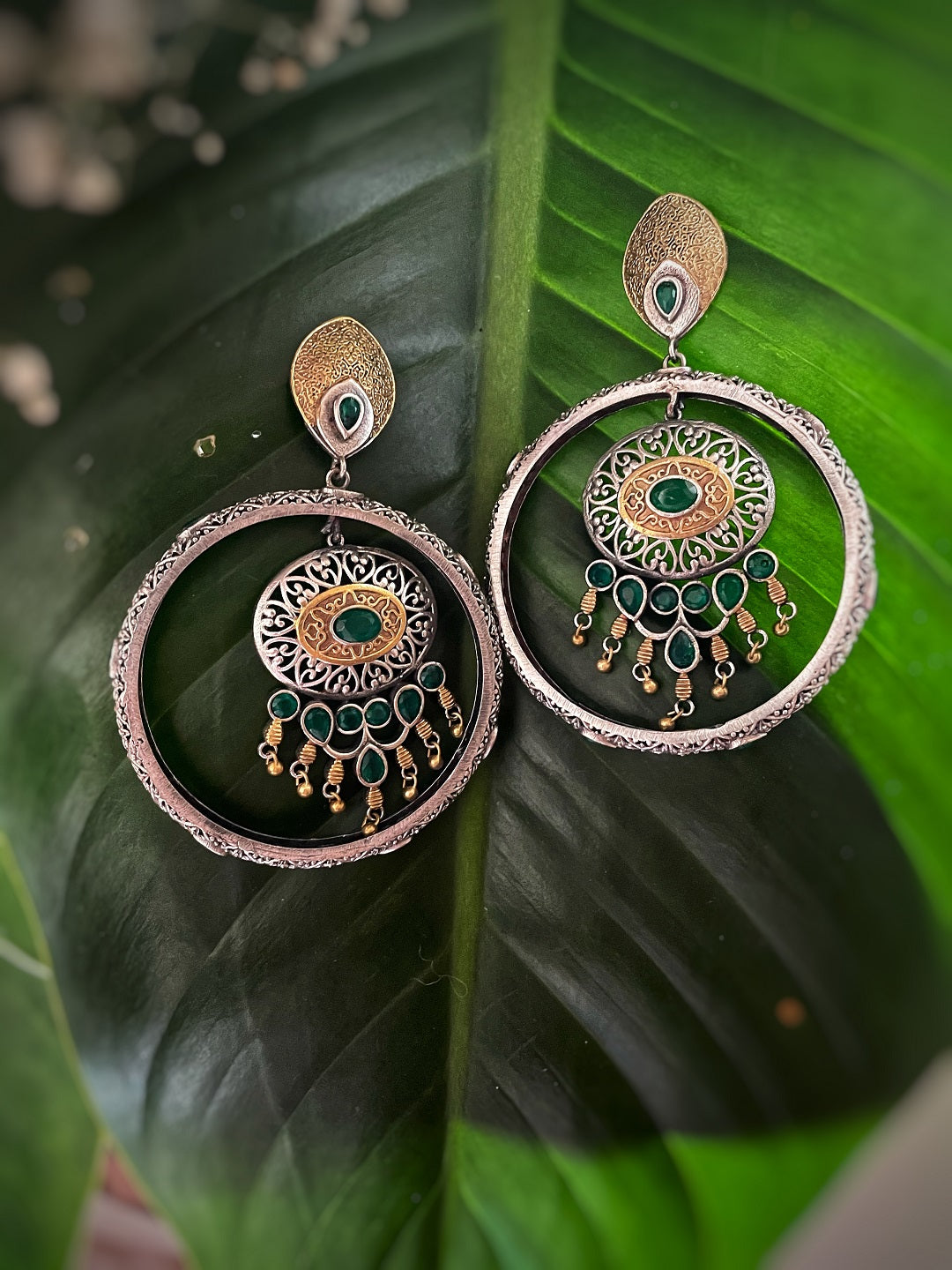 German Oxidized Silver Earrings Antique Tribal Design Engraved Green Stones Studded Danglers