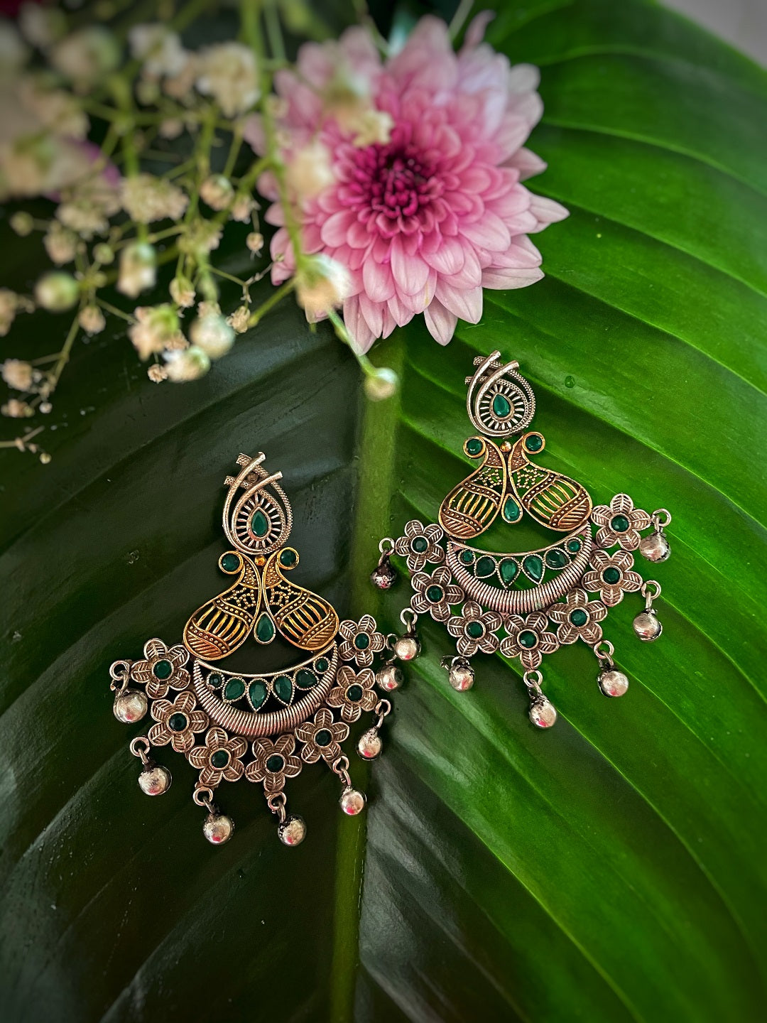 Antique German Silver Oxidized Earrings Tribal Chandbali Stone Studded  Gungroo Dangler Jhumkas