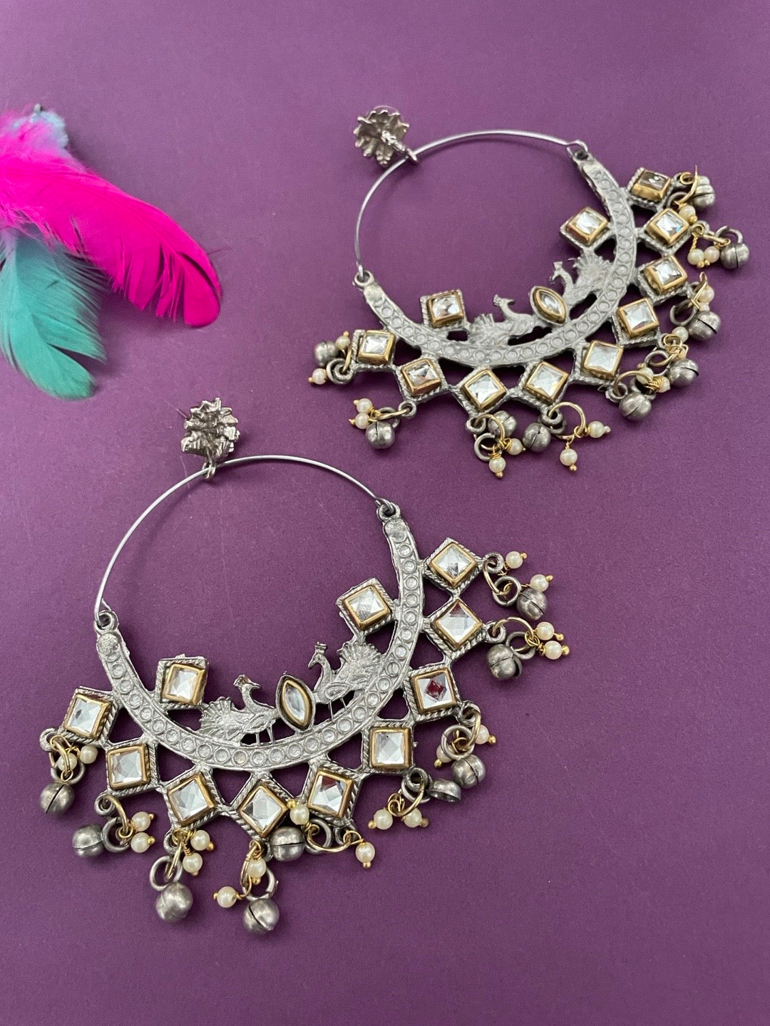 German Oxidized Silver Kundan Peacock Chand Bali Hoop Earring