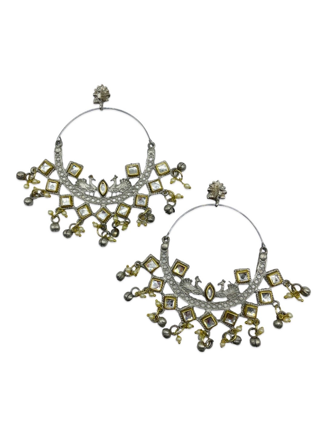 German Oxidized Silver Kundan Peacock Chand Bali Hoop Earring