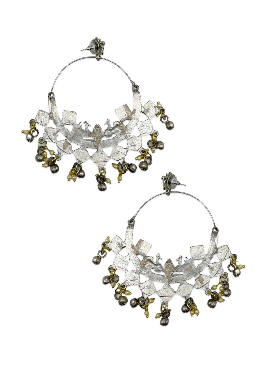 German Oxidized Silver Kundan Peacock Chand Bali Hoop Earring