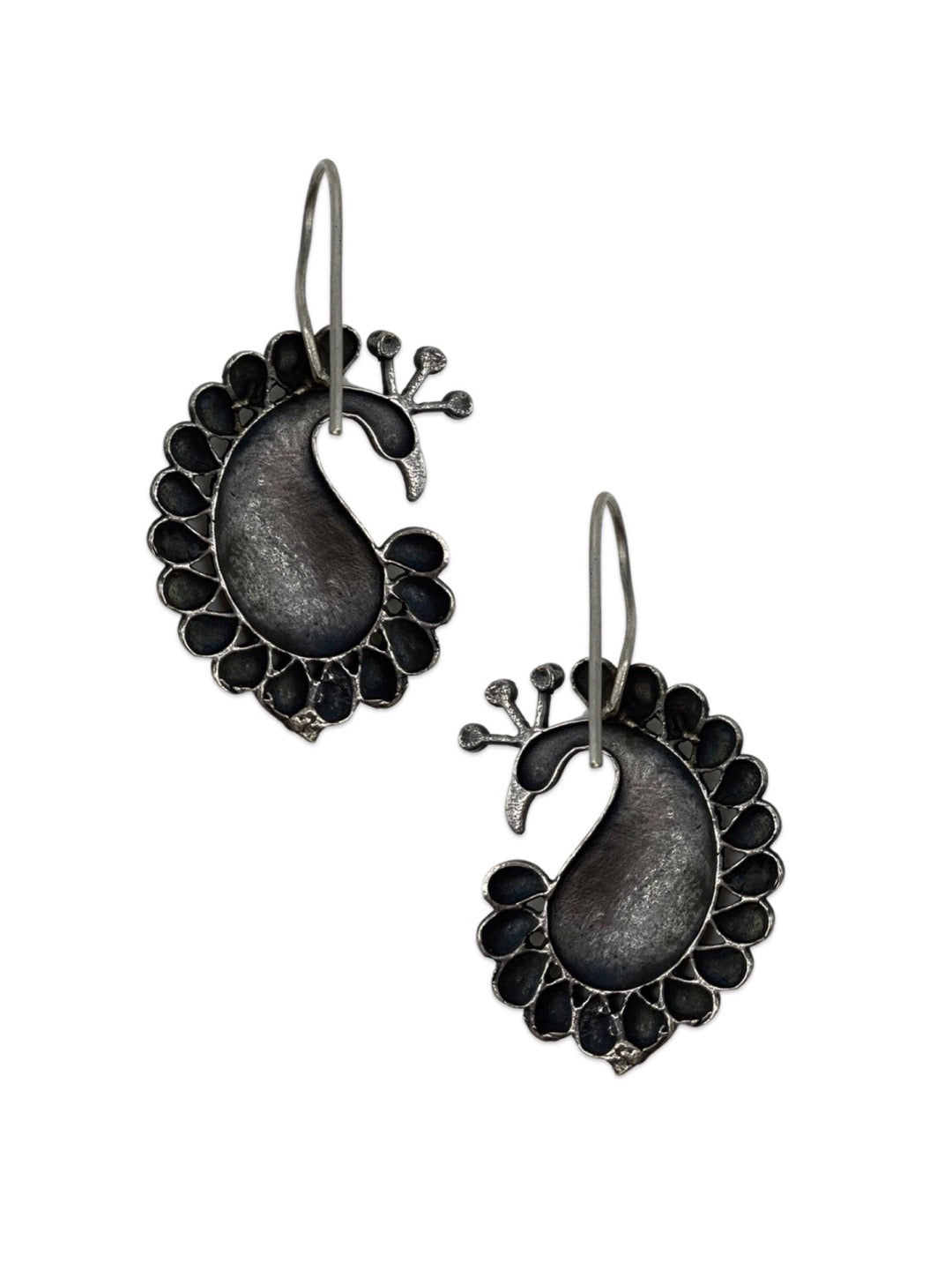 German Oxidized Dangler Peacock Designs Silver Earrings