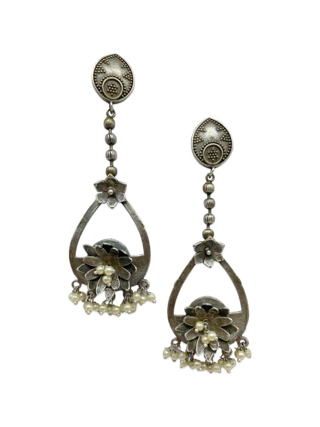 German Oxidized Silver Dangle Flower Design Earrings