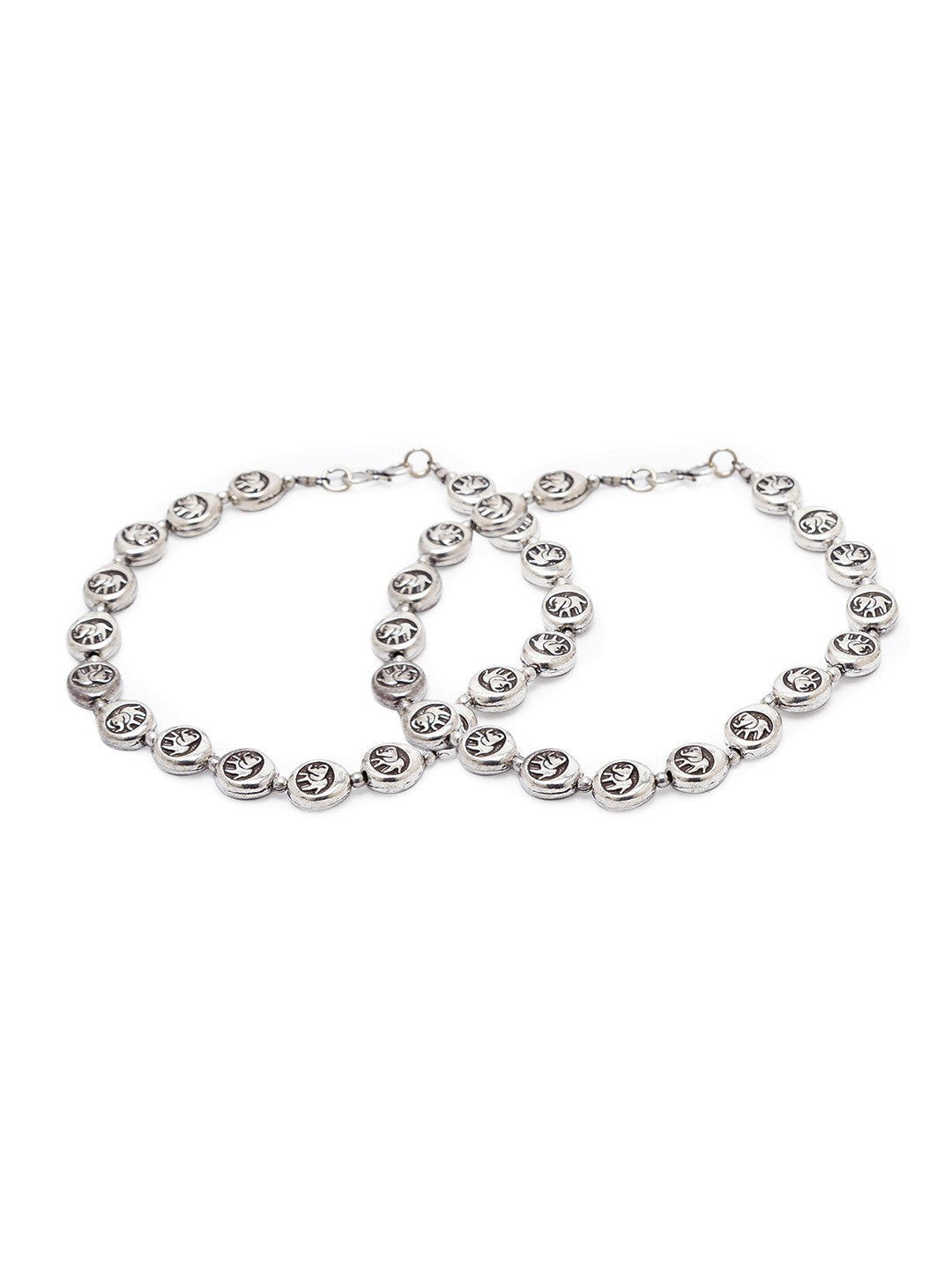 German Oxidised Silver Anklets Elephant Engraved Coins Design Payal Silver Plating Foot Jewellery