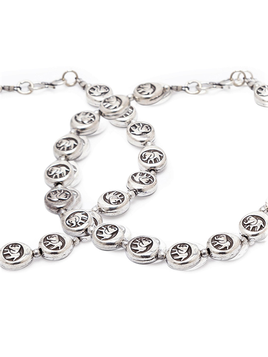 German Oxidised Silver Anklets Elephant Engraved Coins Design Payal Silver Plating Foot Jewellery
