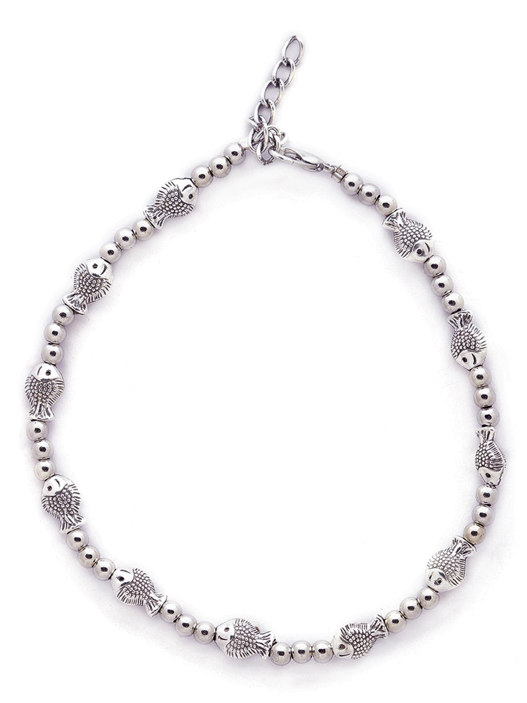 German Oxidised Silver Anklets Fish Design Silver Plating & Three Silver beads Paijan Foot Jewellery