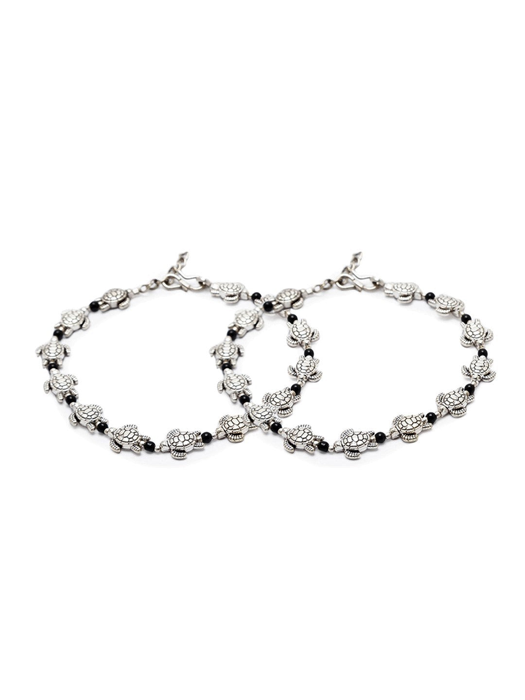 German Oxidised Silver Anklets Tortoise Payal Silver Plating Pazeb With Black beads Foot Jewellery