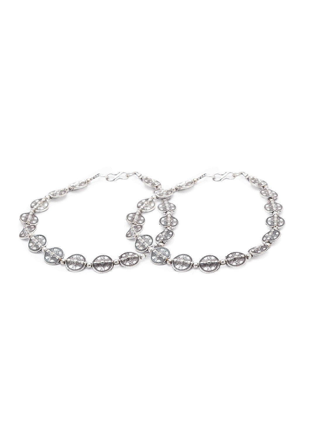 German Oxidised Silver Anklets Engraved Tribal Design Coins Payal Silver Plating & Beads Paijan