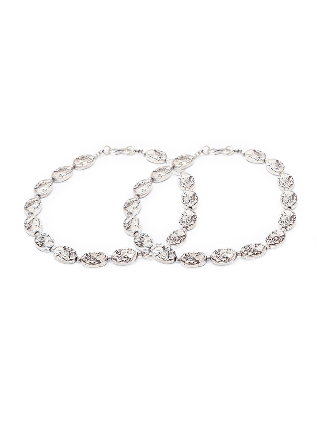 German Oxidised Silver Anklets Engraved Face Design Coins Payal Silver Plating & Beads Foot Jewellery