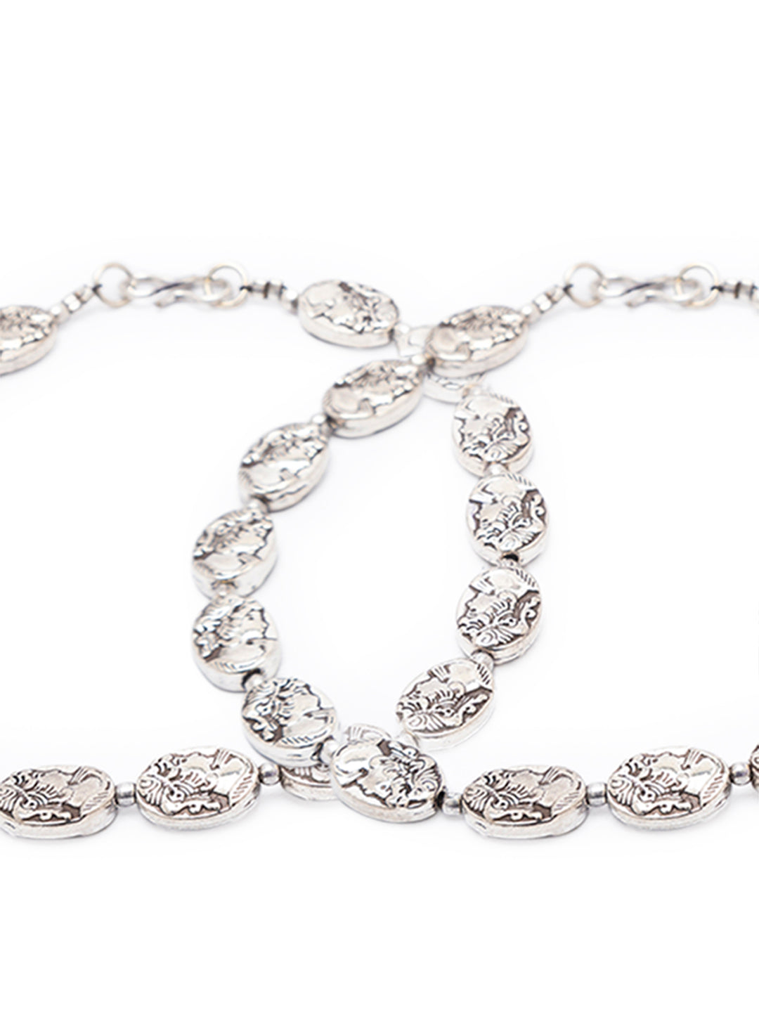 German Oxidised Silver Anklets Engraved Face Design Coins Payal Silver Plating & Beads Foot Jewellery