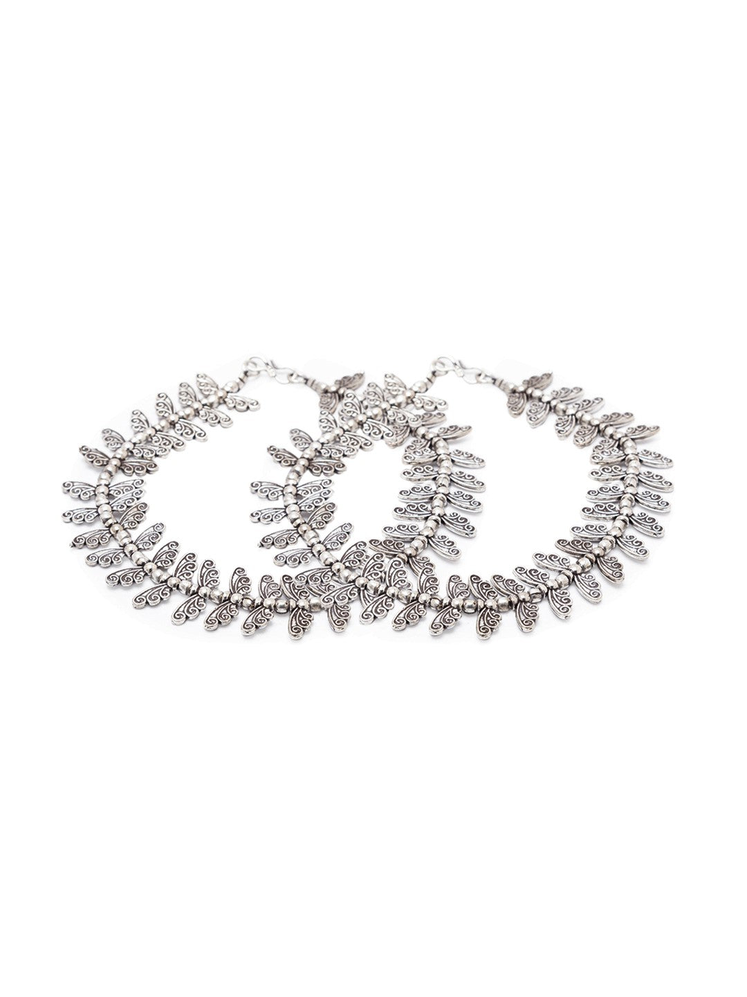 German Oxidised Silver Anklets Butterfly Engraved Payal Silver Plating & Beads Paijan Foot Jewellery