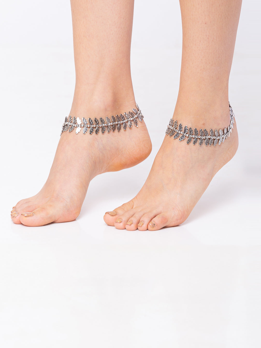 German Oxidised Silver Anklets Butterfly Engraved Payal Silver Plating & Beads Paijan Foot Jewellery
