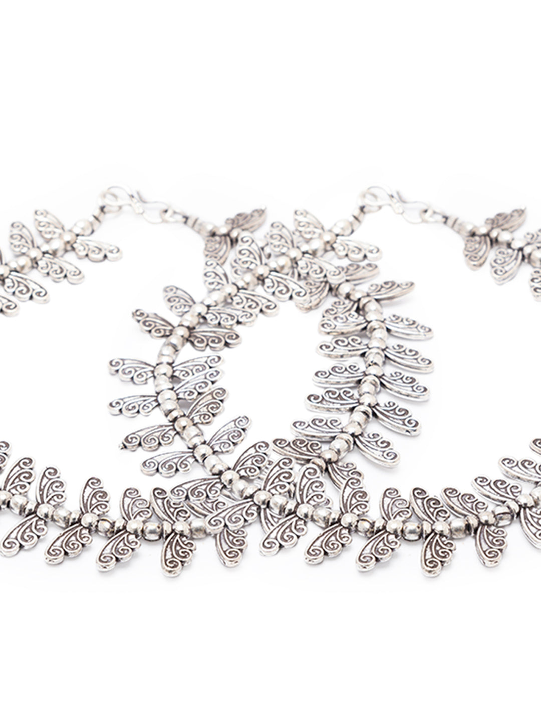 German Oxidised Silver Anklets Butterfly Engraved Payal Silver Plating & Beads Paijan Foot Jewellery