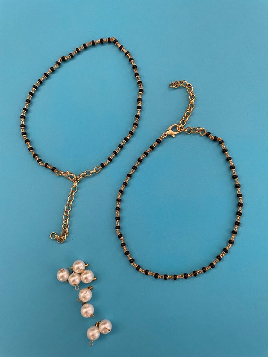 Gold Plated Nazariya Payal with Black Beads