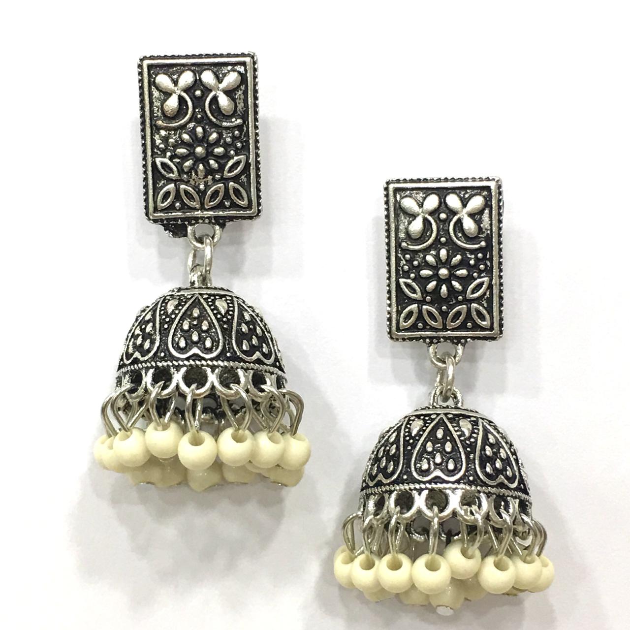 Digital Dress Room White Beads Design Silver-Plated Jhumki Earring