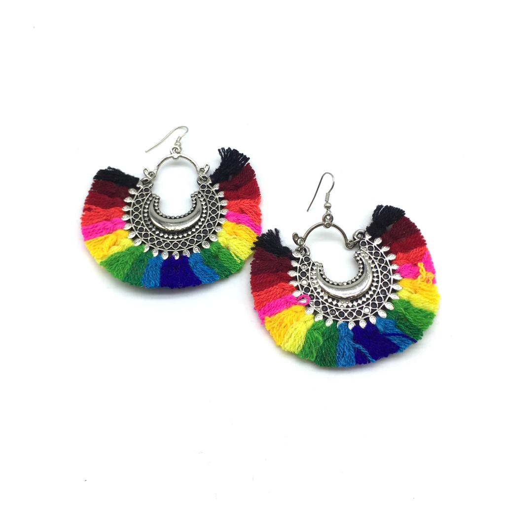 Digital Dress Room Multicolor Tassel Dangle Chand Bali Earrings