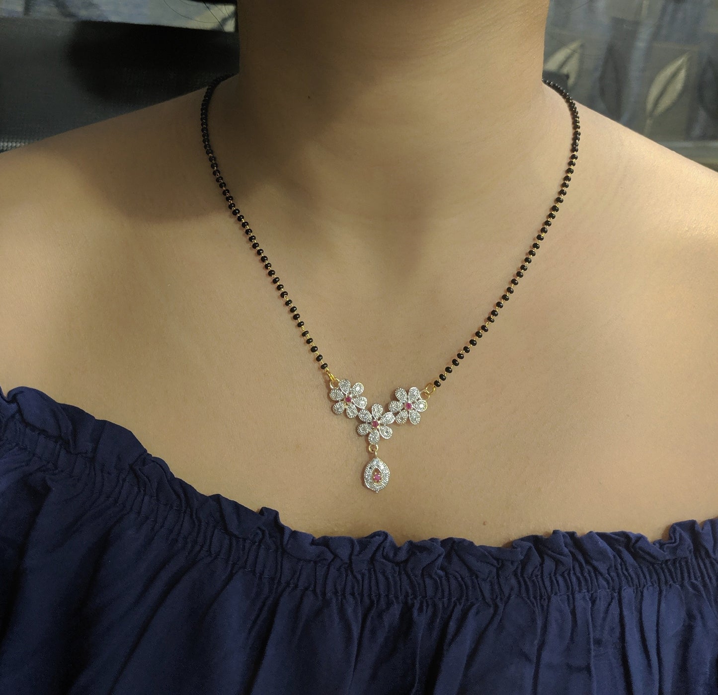 Digital Dress Room Short Mangalsutra Designs Gold Plated Latest American Diamond 3 Flower Pendant Latkan Black Beads Mangalsutra