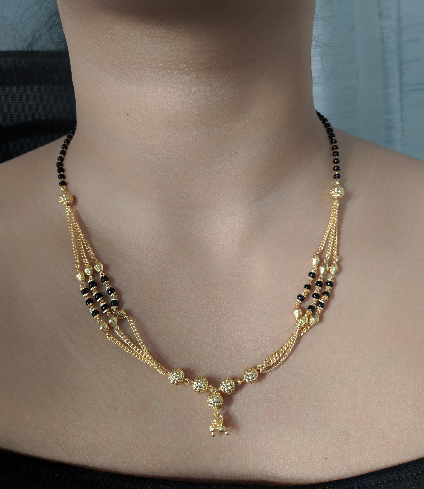 Digital Dress Room Short Mangalsutra Designs Gold Plated Latest Triple Line Chain Black Beaded Mangalsutra