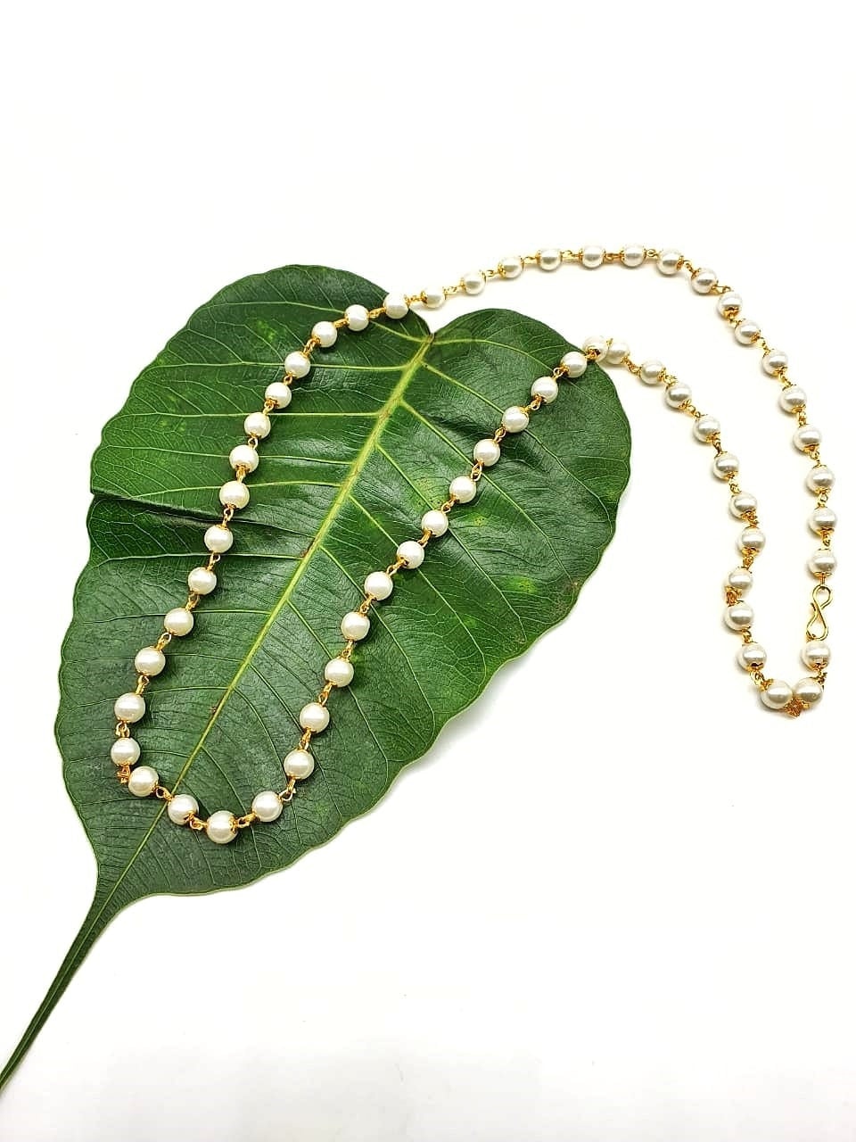 Digital Dress Room Latest Long Necklace Designs in Gold Finish White Pearl Bead Traditional Mala Necklace