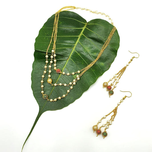 Digital Dress Room Latest Long Necklace Set Designs in Gold Finish 3 Layer Multicolor Mani Necklace & Earrings